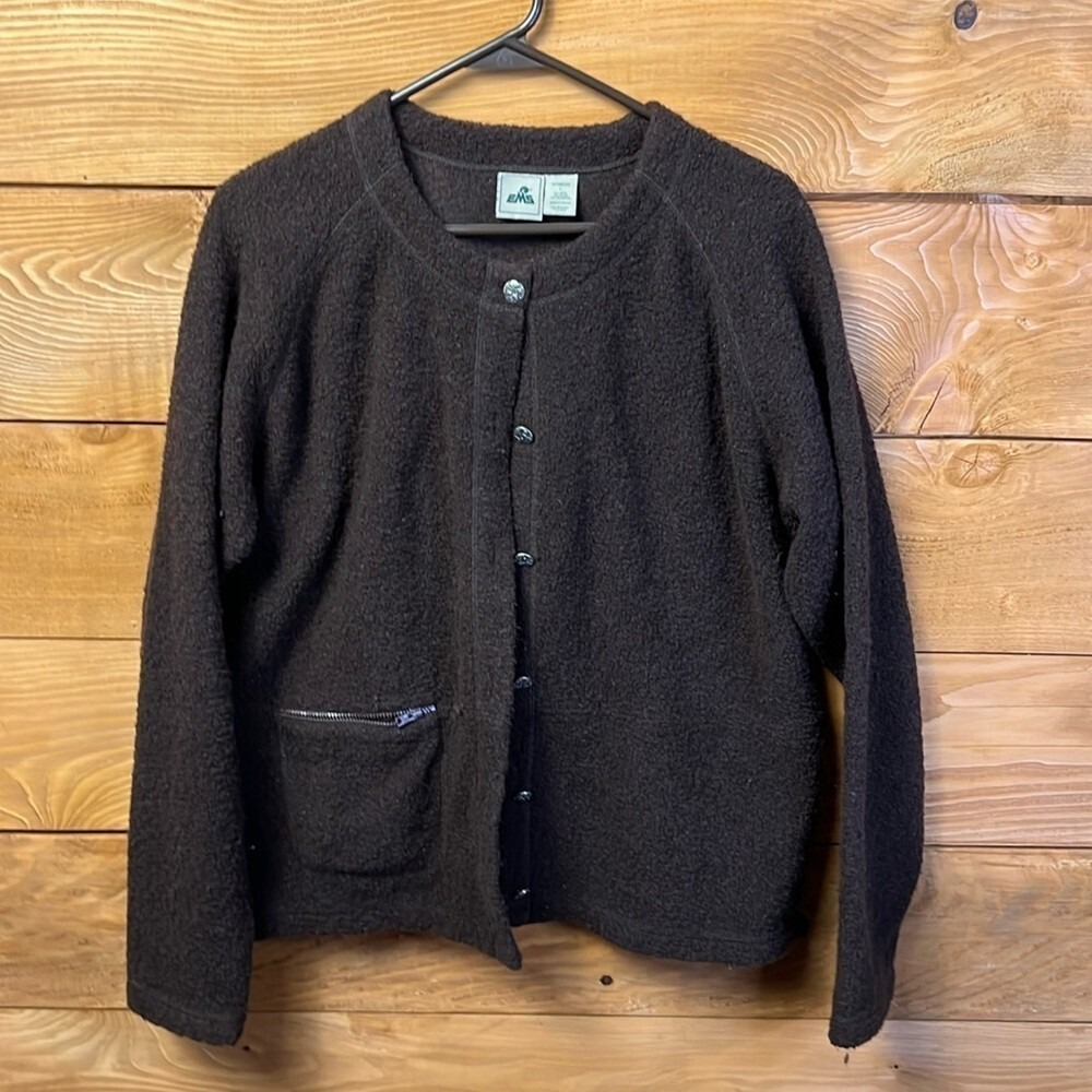 EMS Womens Brown Wool Blend Button Front Cardigan Jacket Zip Pocket L Gorpcore